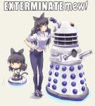  :&gt; alternate_costume animal_ears bangs black_bow black_footwear black_hair blake_belladonna blue_pants blush bow breasts cat_ears cat_tail chibi closed_mouth commentary_request crossover dalek doctor_who dual_persona english eyebrows_visible_through_hair front-tie_top full_body grey_background hair_bow hands_on_own_knees highres iesupa kemonomimi_mode long_hair looking_at_viewer medium_breasts midriff motion_lines multiple_views navel pants pantyhose ribbon robot roomba rwby rwby_chibi seiza shirt shoes simple_background sitting slit_pupils smile sneakers standing tail tied_shirt white_shirt yellow_eyes 