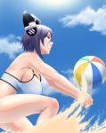  ball bare_shoulders beachball bikini bouncing_breasts breasts bump_(volleyball) cleavage cloud covered_nipples day easy_(aqk7bdqt) from_side grin headgear highres kantai_collection large_breasts purple_eyes purple_hair sand sharp_teeth short_hair sideboob smile solo swimsuit teeth tenryuu_(kantai_collection) volleyball white_bikini 