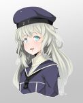  alternate_hair_length alternate_hairstyle aqua_eyes blue_hat clothes_writing dress gradient gradient_background grey_background hat highres kantai_collection long_hair looking_at_viewer open_mouth ryuun_(stiil) sailor_dress sailor_hat silver_hair solo upper_body z1_leberecht_maass_(kantai_collection) 