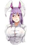  animal_ears breasts bunny_ears bursting_breasts buttons cleavage covered_nipples deetamu extra_ears highres large_breasts long_hair no_bra open_mouth purple_hair red_eyes reisen_udongein_inaba shirt simple_background teeth touhou upper_body white_shirt 