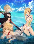  ahoge artoria_pendragon_(all) artoria_pendragon_(swimsuit_rider_alter) beach bikini_top black_bikini_top blonde_hair blush bracelet breasts cloud criss-cross_halter day eyebrows_visible_through_hair fate/grand_order fate_(series) fingers_to_mouth frill_trim green_eyes halterneck highres jacket jewelry large_breasts long_hair looking_at_viewer maid_headdress mosta_(lo1777789) multiple_girls navel nero_claudius_(fate)_(all) nero_claudius_(swimsuit_caster)_(fate) ocean one_eye_closed open_clothes open_jacket saber saber_alter seiza short_hair sidelocks sitting sky small_breasts smile striped_bikini_top twintails water water_gun yellow_eyes 