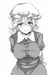  arms_behind_back blush breasts buttons deetamu greyscale hand_on_hip hat highres large_breasts leaning_forward looking_at_viewer maribel_hearn mob_cap monochrome popped_collar short_hair smile touhou 