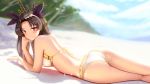  aling artist_name ass beach bikini black_hair black_ribbon breasts closed_mouth day fate/grand_order fate_(series) hair_ribbon highres ishtar_(fate/grand_order) light_smile long_hair looking_at_viewer lying on_stomach red_eyes ribbon sand smile solo swimsuit white_bikini 