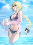  absurdres bad_id bad_pixiv_id ball bangs bare_shoulders beachball bikini black_bikini black_bow blonde_hair blue_sky bow braid breasts cleavage closed_mouth cloud collarbone commentary day eyebrows_visible_through_hair fate/grand_order fate_(series) front-tie_bikini front-tie_top groin hair_between_eyes hair_bow headpiece highres holding holding_ball horizon jacket jeanne_d'arc_(fate) jeanne_d'arc_(fate)_(all) large_breasts long_hair long_sleeves looking_at_viewer navel ocean off_shoulder open_clothes open_jacket outdoors pink_jacket purple_eyes side-tie_bikini single_braid sky smile solo strap_gap suzuharu_toufu swimsuit transparent very_long_hair wading water wet 