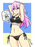  arms_behind_head bikini black_bikini closed_mouth commentary_request fire_emblem fire_emblem_if hairband imagining long_hair midriff navel pink_eyes pink_hair simple_background soleil_(fire_emblem_if) swimsuit twitter_username yukia_(firstaid0) 