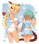  2girls ? ?? @_@ absurdres alternate_costume animal_ears ball bare_arms bare_legs bare_shoulders beachball bikini bikini_day bikini_skirt blonde_hair blue_hair blush cat_ears cat_tail commentary_request ear_blush embarrassed enk_0822 eyebrows_visible_through_hair full-face_blush highres kemono_friends multicolored_hair multiple_girls nose_blush sand_cat_(kemono_friends) short_hair snake_tail spoken_interrobang spoken_question_mark swimsuit tail tan tanline tsuchinoko_(kemono_friends) 