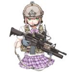  absurdres aimpoint assault_rifle gloves grenade_launcher gun headset helmet highres ivan_wang laser_sight looking_away m203 m4_carbine military original rifle school_uniform simple_background sling underbarrel_grenade_launcher weapon 