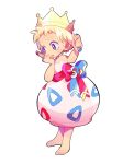  bare_shoulders barefoot blonde_hair blue_eyes bow crayon full_body hand_on_own_face holding mameeekueya open_mouth personification poke_ball pokemon simple_background smile solo standing strapless togepi waist_bow white_background 
