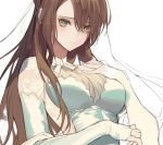  3: bodystocking breasts bright_pupils brown_hair cleavage commentary_request elbow_gloves girls_frontline gloves green_eyes hair_between_eyes hand_on_own_chest impossible_clothes korean_commentary lee-enfield_(girls_frontline) leotard long_hair looking_at_viewer medium_breasts pro-p solo unfinished upper_body white_gloves 