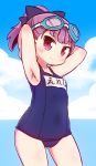 blue_sky cloud day eyebrows_visible_through_hair fate/grand_order fate_(series) goggles goggles_on_head helena_blavatsky_(fate/grand_order) helena_blavatsky_(swimsuit_archer)_(fate) highres horizon looking_at_viewer naga_u name_tag ocean one-piece_swimsuit outdoors ponytail purple_eyes purple_hair school_swimsuit short_hair sky solo swimsuit 