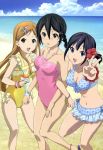  10s 3girls :d :o beach bikini black_eyes black_hair breasts brown_hair cleavage cloud day drink female green_eyes inaba_himeko kiriyama_yui kokoro_connect legs long_hair looking_at_viewer medium_breasts mole mole_under_mouth multiple_girls nagase_iori nyantype ocean official_art open_mouth outdoors sky small_breasts smile swimsuit v water 