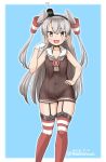  adapted_costume amatsukaze_(kantai_collection) brown_dress brown_eyes dated dress feet_out_of_frame garter_straps gloves hair_tubes hand_on_hip hat kantai_collection lifebuoy long_hair masara_(masalucky2010) mini_hat red_legwear sailor_dress short_dress silver_hair simple_background single_glove sleeveless sleeveless_dress solo striped striped_legwear thighhighs tilted_headwear twitter_username two-tone_background two_side_up white_background windsock 