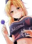  black_shirt blonde_hair blush breasts candy clothes_writing collar commentary_request food forehead from_below hecatia_lapislazuli highres holding_candy large_breasts lollipop looking_at_viewer navel oshiaki polos_crown print_shirt shirt smile t-shirt touhou yellow_eyes 