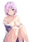  artist_name bare_shoulders blush breasts cherim cleavage collarbone eyebrows_visible_through_hair eyes_visible_through_hair fate/grand_order fate_(series) hair_over_one_eye highres lavender_hair looking_at_viewer mash_kyrielight medium_breasts open_mouth purple_eyes short_hair simple_background sitting solo white_background 