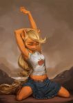  2018 applejack_(mlp) assasinmonkey blonde_hair clothed clothing equine eyelashes eyes_closed female freckles friendship_is_magic hair hi_res long_hair mammal my_little_pony navel solo 