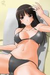  beach bikini black_bikini black_hair blush breasts brown_eyes collarbone girls_und_panzer jewelry large_breasts long_hair looking_at_viewer matsui_yasutsugu navel nishizumi_shiho ring solo spread_legs swimsuit wedding_band 