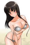  bikini black_hair blush breasts brown_eyes collarbone girls_und_panzer large_breasts looking_at_viewer matsui_yasutsugu navel nishizumi_shiho simple_background solo sweat swimsuit undressing white_background white_bikini 