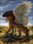  2018 ambiguous_gender day detailed_background digital_media_(artwork) feathered_wings feathers feral fur hybrid outside sidonie sky solo standing striped_fur stripes wings 