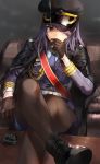  black_gloves black_legwear boots breasts cigarette commentary crossed_legs english_commentary gloves hair_over_one_eye hat kfr long_hair making_of military military_hat military_uniform necktie original pantyhose purple_hair reeds sitting skirt smoking solo uniform 