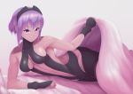  bed_sheet black_gloves breasts commentary_request dark_skin fate/grand_order fate_(series) fingerless_gloves gloves hairband hassan_of_serenity_(fate) highres lifting_covers looking_at_viewer lying medium_breasts on_bed on_side purple_eyes purple_hair sheet_grab short_hair smile solo yoki_(yo_kyo) 