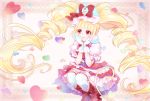  aisaki_emiru ankle_boots bangs blonde_hair blunt_bangs boots bow closed_mouth cure_macherie curly_hair dress frills full_body glove_bow gloves hair_bow heart highres hugtto!_precure layered_dress long_hair looking_to_the_side magical_girl precure puffy_sleeves red_bow red_eyes red_footwear shipu_(gassyumaron) smile solo squatting thighhighs twintails white_gloves white_legwear 