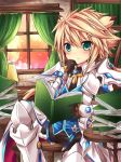  armor book chair chung_seiker cloud cloudy_sky curtains day elsword eyebrows_visible_through_hair hand_on_own_chin holding holding_book indoors lamp long_hair male_focus open_book reading rudia sitting sky solo table tactical_trooper_(elsword) thinking window 
