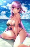  &gt;:) bb_(fate)_(all) bb_(fate/extra_ccc) beeyan bikini black_bikini blue_sky blush breasts cloud cloudy_sky commentary day eyebrows_visible_through_hair fate/extra fate/extra_ccc fate_(series) hand_on_own_chest highres large_breasts long_hair looking_at_viewer purple_eyes purple_hair sitting skindentation sky solo sparkle swimsuit very_long_hair yokozuwari 