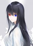  bangs black_hair blue_eyes breasts commentary_request eyebrows_visible_through_hair flower from_side hair_between_eyes heterochromia long_hair looking_at_viewer open_mouth original red_eyes shiny shiny_hair shirt sidelocks solo waka_(shark_waka) white_shirt 