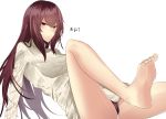  barefoot breasts fate/grand_order fate_(series) highres large_breasts long_hair looking_at_viewer onineko-chan panties purple_hair purple_panties red_eyes ribbed_sweater scathach_(fate)_(all) scathach_(fate/grand_order) simple_background solo sweater turtleneck turtleneck_sweater underwear very_long_hair white_background white_sweater 