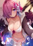  absurdres bikini blush breasts cleavage eyes_visible_through_hair fate/grand_order fate_(series) fou_(fate/grand_order) hair_over_one_eye highres innertube jacket large_breasts lavender_hair looking_at_viewer mash_kyrielight netarou open_clothes open_jacket open_mouth palm_tree parted_lips purple_eyes short_hair sky solo swimsuit tree white_bikini 
