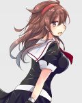  black_gloves black_serafuku black_skirt brown_hair commentary_request eyebrows_visible_through_hair from_side gloves grey_background hair_flaps headband hirune_(konekonelkk) kantai_collection long_hair looking_at_viewer looking_to_the_side neckerchief open_mouth red_neckwear remodel_(kantai_collection) sailor_collar school_uniform serafuku shiratsuyu_(kantai_collection) short_sleeves skirt solo white_sailor_collar 