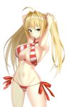  absurdres adjusting_hair ahoge bikini blonde_hair breasts criss-cross_halter eyebrows_visible_through_hair fate/grand_order fate_(series) green_eyes halterneck highres large_breasts long_hair looking_at_viewer mouth_hold navel nemurinemuri nero_claudius_(fate)_(all) nero_claudius_(swimsuit_caster)_(fate) side-tie_bikini simple_background solo striped striped_bikini swimsuit twintails white_background 
