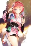  aisha_(elsword) bad_id bad_pixiv_id bangs blurry blush bokeh collarbone dated depth_of_field elsword eyebrows_visible_through_hair fan flower hair_flower hair_ornament hair_over_shoulder holding holding_fan japanese_clothes kimono leg_lift long_hair long_sleeves looking_at_viewer low-tied_long_hair meow night obi one_eye_closed open_mouth paper_fan pink_flower pink_kimono purple_eyes red_hair sandals sash smile solo uchiwa water_balloon white_legwear wide_sleeves yukata 