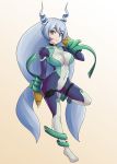  absurdres bangs blue_eyes blue_hair bodysuit boku_no_hero_academia boots breasts closed_mouth covered_navel eyebrows_visible_through_hair full_body gloves hadou_nejire hair_between_eyes highres horns konaloid large_breasts long_hair looking_at_viewer pouch smile solo standing standing_on_one_leg thigh_boots thigh_strap thighhighs very_long_hair white_footwear yellow_gloves 