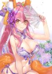  animal_ear_fluff animal_ears bikini breasts bug butterfly cleavage commentary_request criss-cross_halter demmy fan fate/extra fate_(series) flower fox_ears fox_tail hair_ornament halterneck hydrangea insect large_breasts long_hair navel pink_hair side-tie_bikini solo swimsuit tail tamamo_(fate)_(all) tamamo_no_mae_(fate) yellow_eyes 