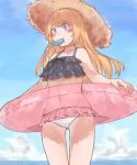  az_toride bikini black_bikini_top blonde_hair blue_eyes blue_sky blush cloud collarbone cowboy_shot day food food_in_mouth frilled_bikini frilled_bikini_bottom frilled_bikini_top frills from_below gradient_sky hat innertube jervis_(kantai_collection) kantai_collection long_hair mismatched_bikini mouth_hold navel outdoors popsicle see-through sky solo sun_hat swimsuit white_bikini_bottom 