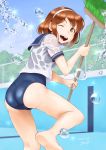  ;&lt; ass barefoot blush breasts broom brown_eyes brown_hair commentary_request day feet hairband highres looking_back one-piece_swimsuit one_eye_closed open_mouth sailor_collar sailor_shirt sajima_yumi school_girl_strikers school_swimsuit shirt short_hair smile soles sunsun69 swimsuit swimsuit_under_clothes wet wet_clothes wet_shirt 