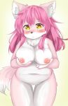  2018 anthro areola barely_visible_genitalia blush breasts canine cheek_tuft chest_tuft eigetsu female fur hair holding_breast inner_ear_fluff long_hair mammal multicolored_fur navel nipples nude pink_fur portrait pussy solo standing subtle_pussy three-quarter_portrait tuft two_tone_fur white_fur yellow_eyes 