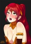  ahegao bangs bare_shoulders black_background blush breastplate breasts carlo_montie circlet cleavage collarbone drooling ear_blush eyebrows_visible_through_hair forehead_protector full-face_blush gorget green_eyes hair_between_eyes heart heart-shaped_pupils heavy_breathing implied_orgasm implied_sex large_breasts long_hair nose_blush open_mouth ponytail pyrrha_nikos red_hair rolling_eyes rwby saliva saliva_trail simple_background solo sweat symbol-shaped_pupils tongue very_long_hair 