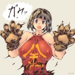  abs animal_hand bare_shoulders black_eyes black_hair breasts commentary_request covered_nipples hataraki_ari large_breasts open_mouth original paws short_hair solo 