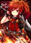  belt black_gloves character_name commentary_request elsword elsword_(character) fingerless_gloves fire gloves holding holding_sword holding_weapon male_focus ponytail red_eyes red_hair red_shirt rudia sheath_knight_(elsword) shirt solo striped striped_shirt sword v-shaped_eyebrows vertical_stripes weapon 
