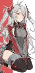  antenna_hair azur_lane bangs between_legs blush breasts commentary_request eyebrows_visible_through_hair garter_straps gloves hair_between_eyes hand_between_legs headgear highres iron_cross large_breasts long_hair looking_at_viewer military military_uniform mole mole_on_breast multicolored_hair prinz_eugen_(azur_lane) red_hair seiza shirotae_moyashi sidelocks silver_hair sitting smile solo streaked_hair two_side_up uniform very_long_hair 