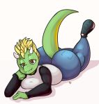  anthro big_butt big_tail blonde_hair breasts brown_eyes butt clothed clothing dragon fangs female footwear front_view fully_clothed gradient_background green_scales hair half-closed_eyes hi_res horn jeans long_tail lying mohawk non-mammal_breasts on_front pants sasha_(digitalpelican) scales scalie shirt shoes simple_background sirphilliam smile smug solo white_background wide_hips 