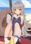  azur_lane bangs barefoot beach blue_sky breasts cloud collarbone commentary_request day feet fujieda_uzuki gloves hair_ornament hat highres implied_footjob iron_cross jewelry long_hair looking_at_viewer mole mole_under_eye necklace ocean silver_hair sky small_breasts solo straw_hat swimsuit yellow_eyes z46_(azur_lane) 