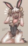  2018 anthro black_skin breasts bunny_costume caprine costume female goat hair horn kneeling looking_at_viewer mammal open_mouth red_eyes solo white_hair wool zinfyu 