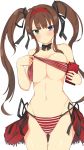  annoyed ass_visible_through_thighs bare_shoulders bikini black_neckwear blue_eyes bow bowtie breasts brown_hair cleavage covered_nipples eyebrows_visible_through_hair green_eyes groin hair_ribbon hairband heterochromia highres large_breasts long_hair navel purple_eyes red_bikini ribbon ryoubi_(senran_kagura) senran_kagura simple_background skindentation skirt solo striped striped_bikini swimsuit tenpesuto thighs twintails very_long_hair white_background 