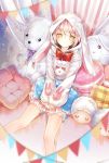  animal_hood bangs blurry_foreground bow bunny_hood bunny_pajamas cushion elsword empty_eyes eve_(elsword) expressionless eyebrows_visible_through_hair facial_mark food hood hood_up long_sleeves looking_at_viewer macaron meow on_floor pennant pillow pink_hair pom_pom_(clothes) purple_neckwear red_neckwear signature sitting sitting_on_floor solo sparkle string_of_flags stuffed_animal stuffed_bunny stuffed_sheep stuffed_toy teddy_bear tile_floor tiles yellow_eyes 