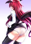  ass black_dress black_legwear black_vest blush breasts commentary_request covered_nipples cowboy_shot demon_wings dress dress_lift ebi_193 eyebrows_visible_through_hair gradient gradient_background head_wings koakuma large_breasts lifted_by_self long_hair long_sleeves looking_at_viewer looking_back panties profile purple_background red_eyes red_hair revision shirt short_dress solo standing thighhighs thighs touhou underwear vest white_background white_panties white_shirt wings 