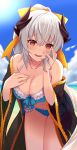  bangs bare_shoulders bikini black_kimono blue_bikini blue_sky blush bow breasts cleavage collarbone commentary day dragon_girl dragon_horns eyebrows_visible_through_hair fate/grand_order fate_(series) hair_between_eyes hair_bow hand_on_own_chest highres hips horns japanese_clothes kimono kiyohime_(fate/grand_order) kiyohime_(swimsuit_lancer)_(fate) leaning_forward long_hair looking_at_viewer medium_breasts off_shoulder open_clothes open_kimono open_mouth red_eyes sky smile solo sukebewe swimsuit thighs very_long_hair white_hair yellow_bow 