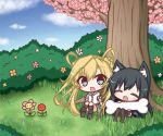  :d ^_^ abukuma_(kantai_collection) animal_ears asashio_(kantai_collection) bangs black_dress black_footwear black_hair black_legwear blonde_hair blue_eyes blue_sky blush boots bush cartoon_bone cherry_blossoms closed_eyes cloud cloudy_sky commentary_request day dog_ears dress eyebrows_visible_through_hair flower green_sailor_collar green_skirt hair_between_eyes hair_rings kantai_collection kemonomimi_mode knee_boots komakoma_(magicaltale) long_hair multiple_girls no_shoes on_grass open_mouth orange_flower outdoors pantyhose pink_flower pleated_skirt red_flower remodel_(kantai_collection) sailor_collar school_uniform serafuku shirt short_sleeves sitting skirt sky smile tree tulip twintails very_long_hair white_flower white_shirt 